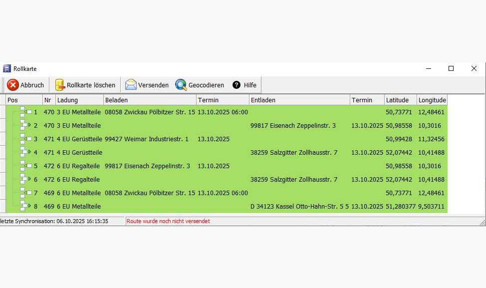 Bild 2. Teilladungen in Lade- und Entladeaufträge gesplittet 